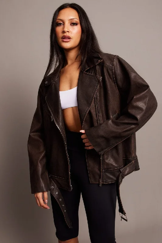 Brown Biker Jacket Faux Leather Oversized