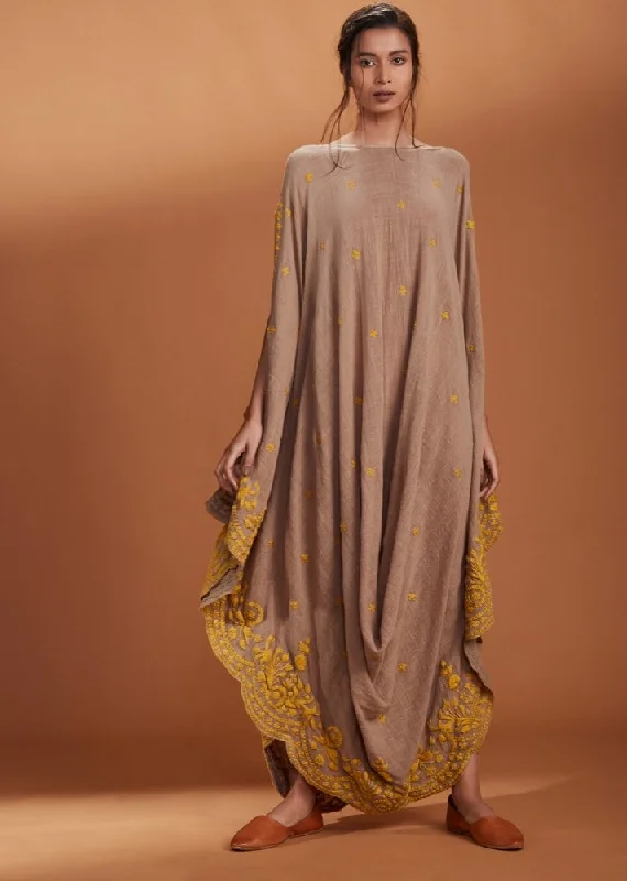 Embroidered Cowl dress Kaftan style - Brown