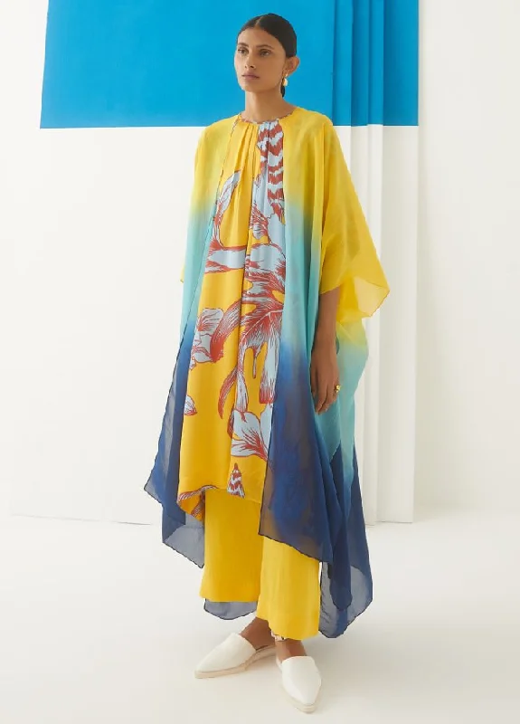 Leheriya Organza Cape (Yellow/Blue/Dark Blue Ombre)