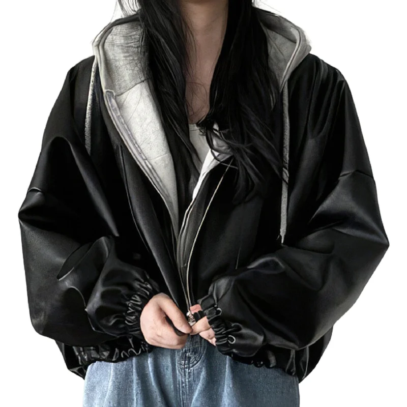 Women’s Black Biker Genuine Sheepskin Stand Collar Oversized Outfit Korean Sporty Moto Rider Loose Leather Jacket