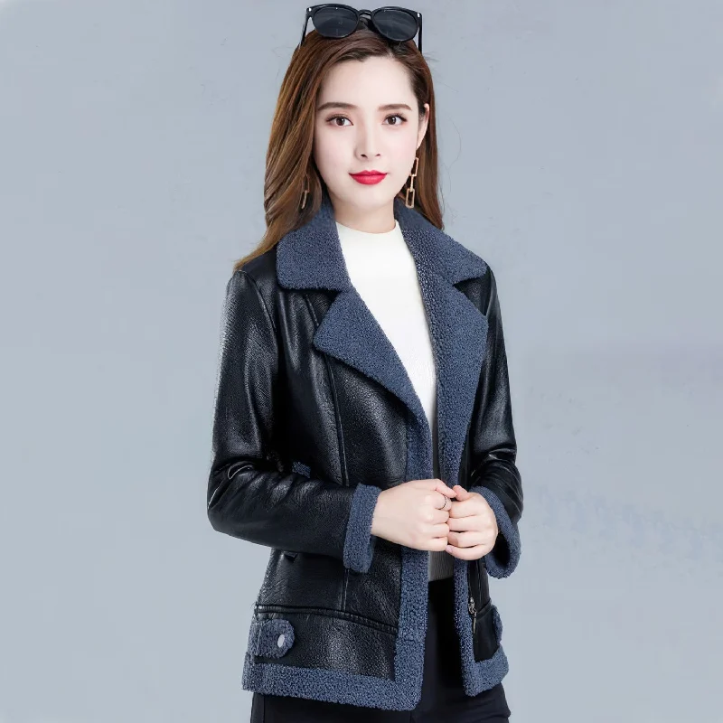 Women’s Black Bomber Genuine Sheepskin Sherpa Shearling Faux Fur Lined Winter Warm Fashion Chic Slim Fit Leather Jacket