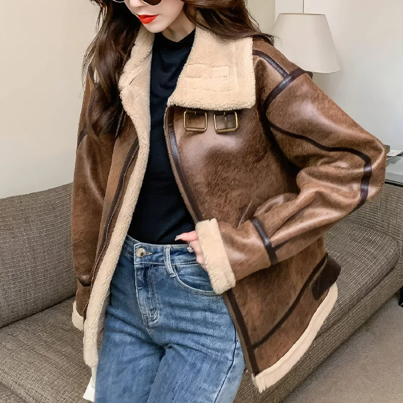 Women’s Distressed Brown Aviator Genuine Sheepskin Sherpa Shearling Faux Fur Lined Thick Winter Warm Streetwear Chic Flight Pilot Leather Jacket