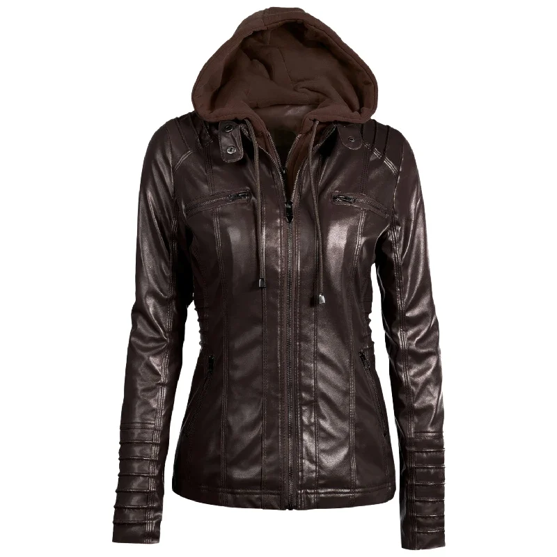 Women’s Racer Brown Genuine Sheepskin Detachable Hooded Sporty Moto Scooter Racer Slim Fit Casual Classic Leather Jacket