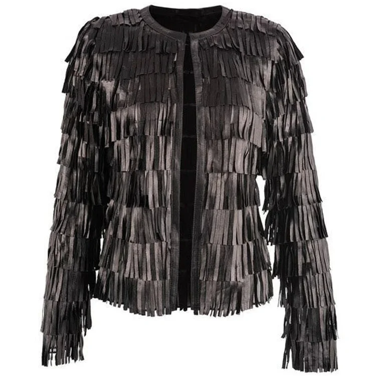 Women's Full Fringe Leather Jacket Black