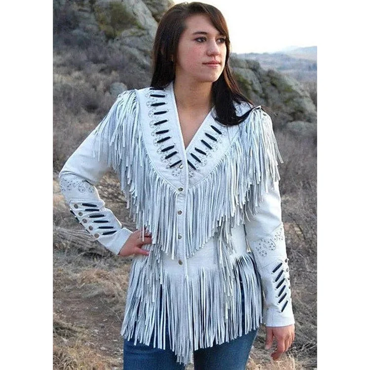 Women's White Fringed Suede Leather Jacket