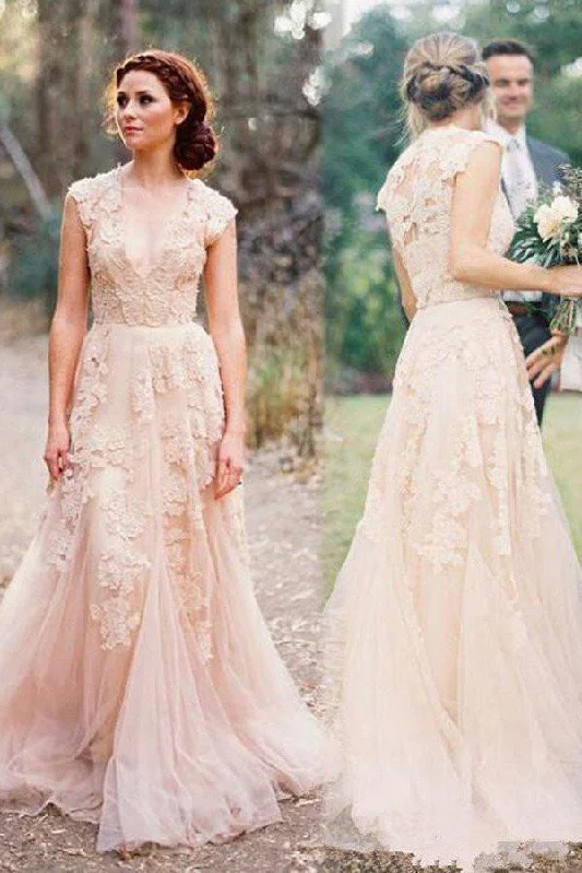 Pearl Pink A Line V-neck Sleeveless Floor-Length Tulle Wedding Dress With Lace Appliques DM379