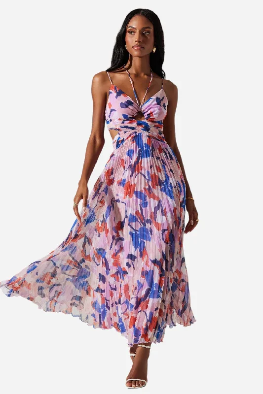 ASTR The Label Aquata Floral Pleated Maxi Dress in Orange Blue Abstract