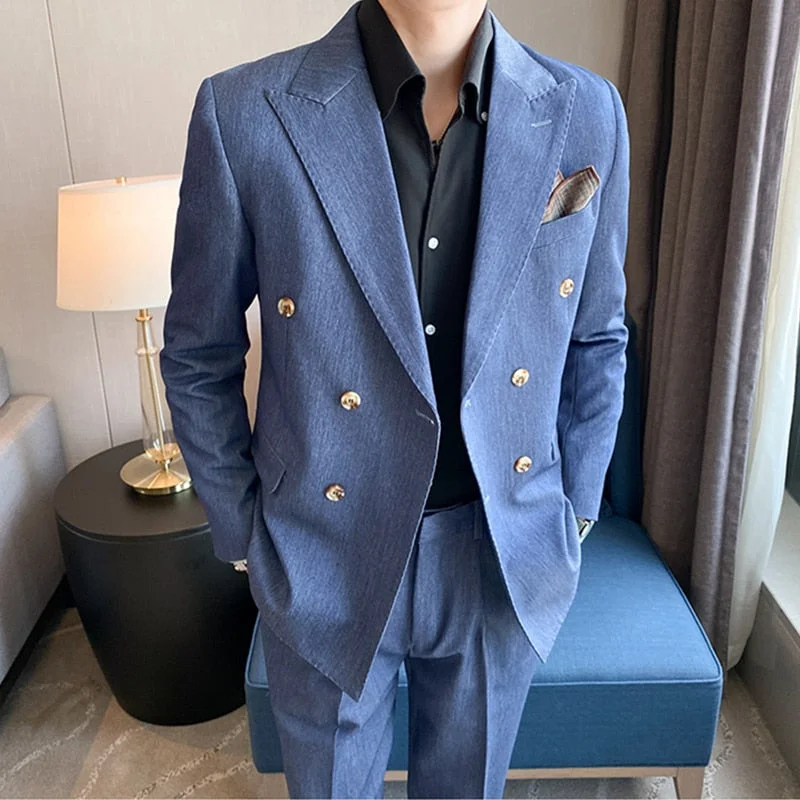 CINESSD    Fashion New Men's Business Slim Double Breasted Solid Color Suit 2 Piece Set / Fit Solid Wedding Dress Blazers Jacket Pants