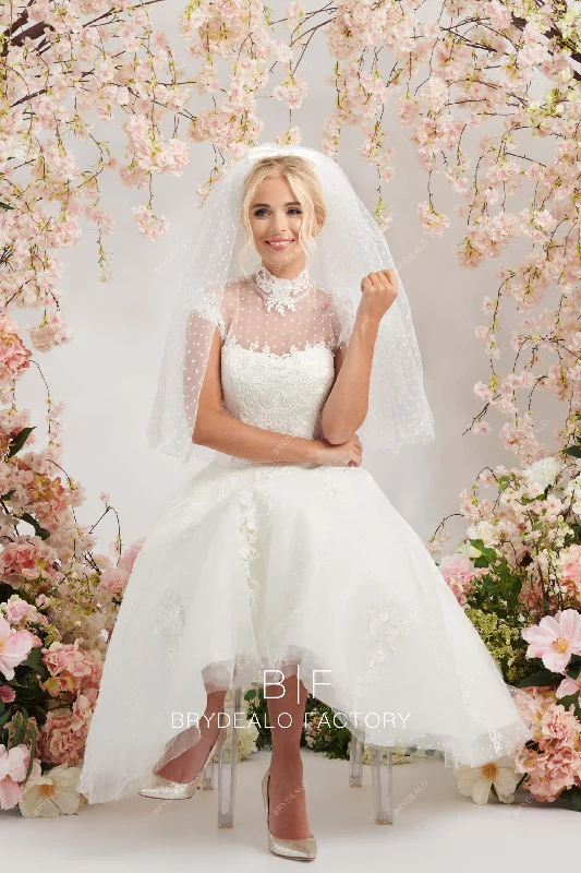 Pretty Dot Tulle Lace Illusion Mock Neck Tea-Length Bridal Dress