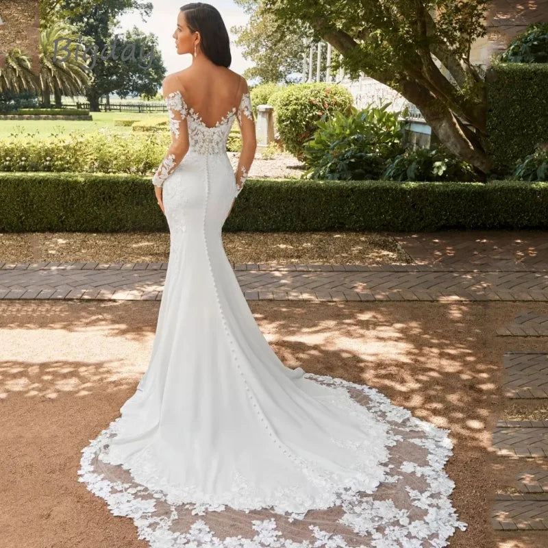 Elegant Mermaid Wedding Dress White Long Sleeve Open Back