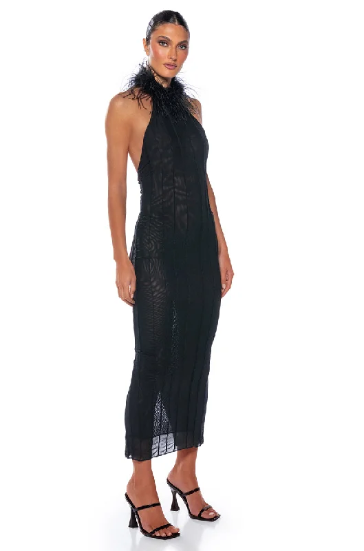 FORTUNA FEATHER HALTERNECK MESH MIDI DRESS