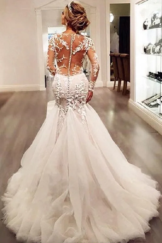 Long Sleeves Mermaid Tulle Sexy Long Ivory Wedding Dresses/Bridal Gown DM198