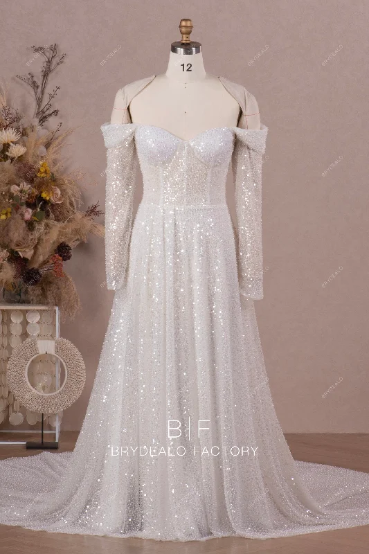 Sparkly Beading Sequins Off Shoulder Long Sleeve Wedding Dress