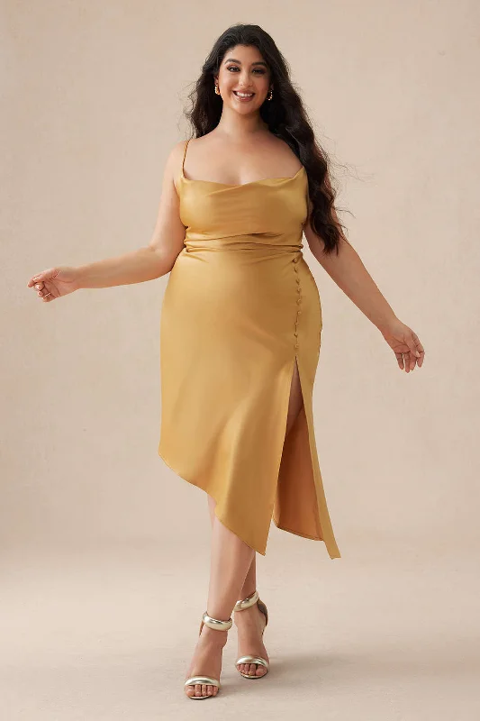 Plus Size Solid Button Draped Cowl Neck Midi Dress