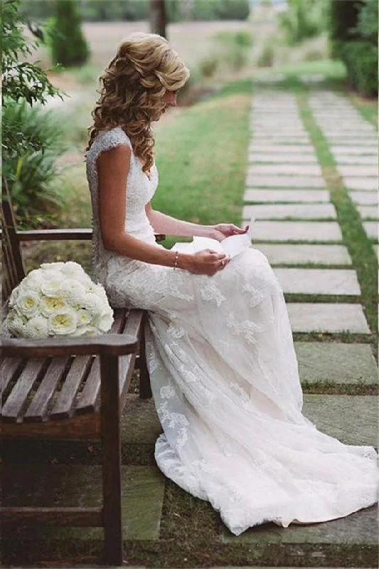 Modest Lace Wedding Dresses with Appliques,Cap Sleeves Open Back Wedding Gowns stunning DM420