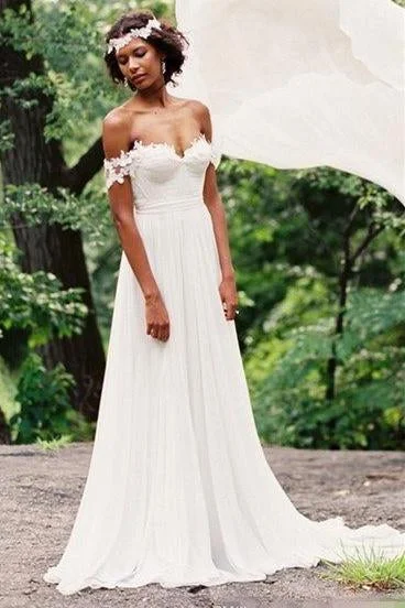 Popular Off the Shoulder Long A-line Ivory Chiffon Sexy Beach Wedding Dresses DM796