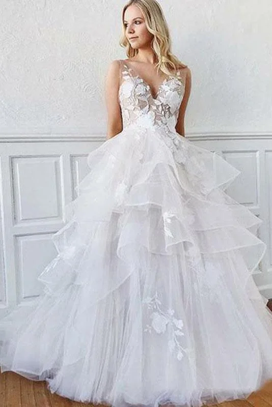 Romantic A-Line V Neck Tiered Appliques Tulle Long Wedding Dresses DMM87