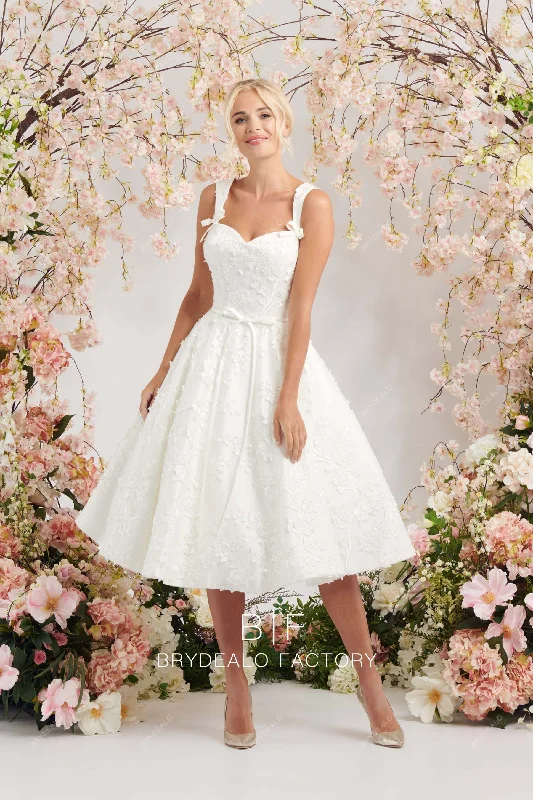 Pretty Sweetheart Neck Lace Puffy Tea-Length A-line Wedding Gown