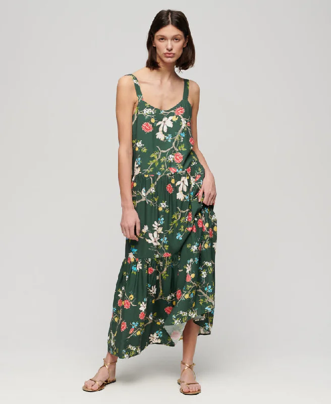 Woven Tiered Maxi Dress | Blossom Birds Green