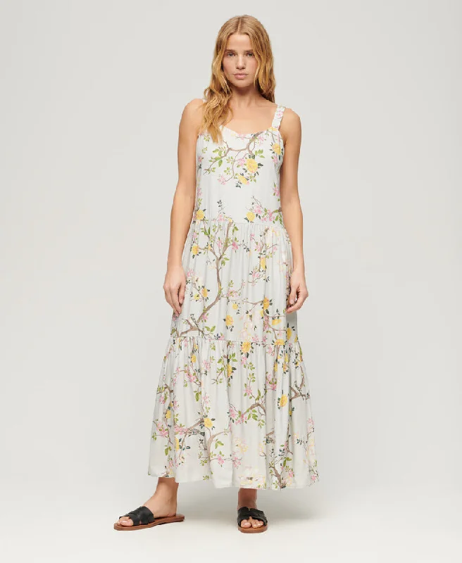 Woven Tiered Maxi Dress | Blossom Birds Grey