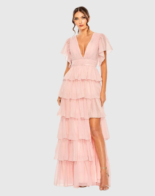 Pink Flutter Sleeve Ruffle Tiered Gown Cocktail party dresses