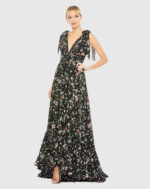 Floral Print Soft Tie Sleeveless Tiered Gown Tulle party dresses