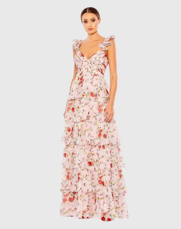 Ruffled Sleeveless Draped Tiered Floral Print Gown Sexy party dresses