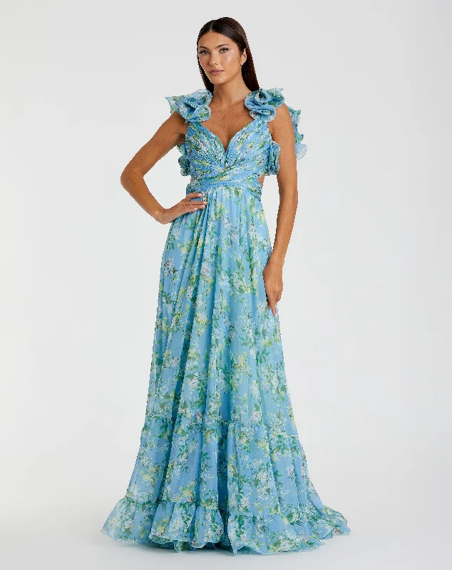 Ruffle Tiered Floral Cut-Out Chiffon Gown Wedding guest party dresses