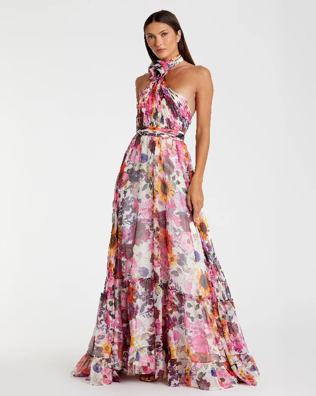 Asymmetrical Ruffled Halter Floral Gown Silk party dresses