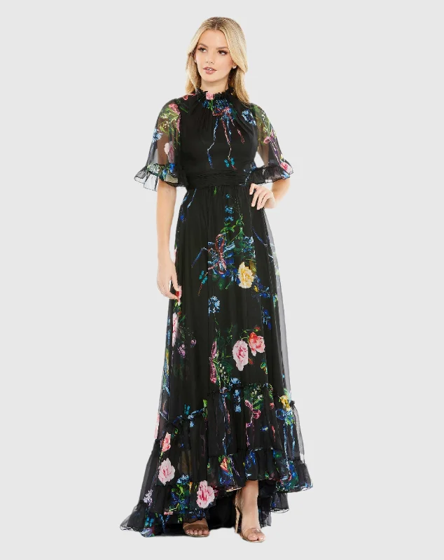 Floral Print Ruffled High Neck Flutter Sleeve Gown Modest party dresses