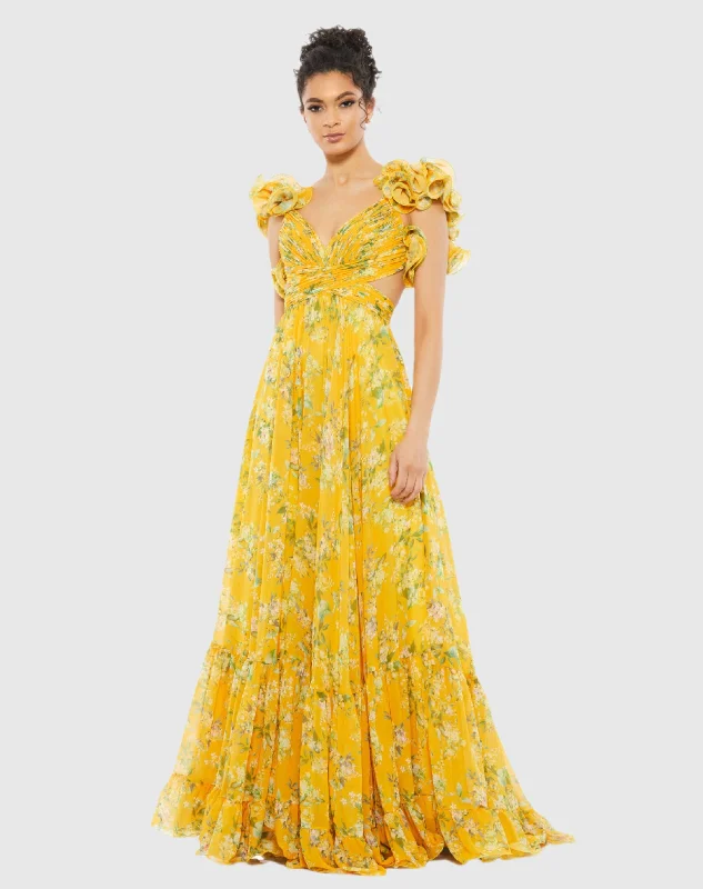 Yellow Ruffle Tiered Floral Cut-Out Chiffon Gown Knitted party dresses