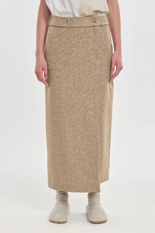 Beige speckle tweed wool blend long skirt