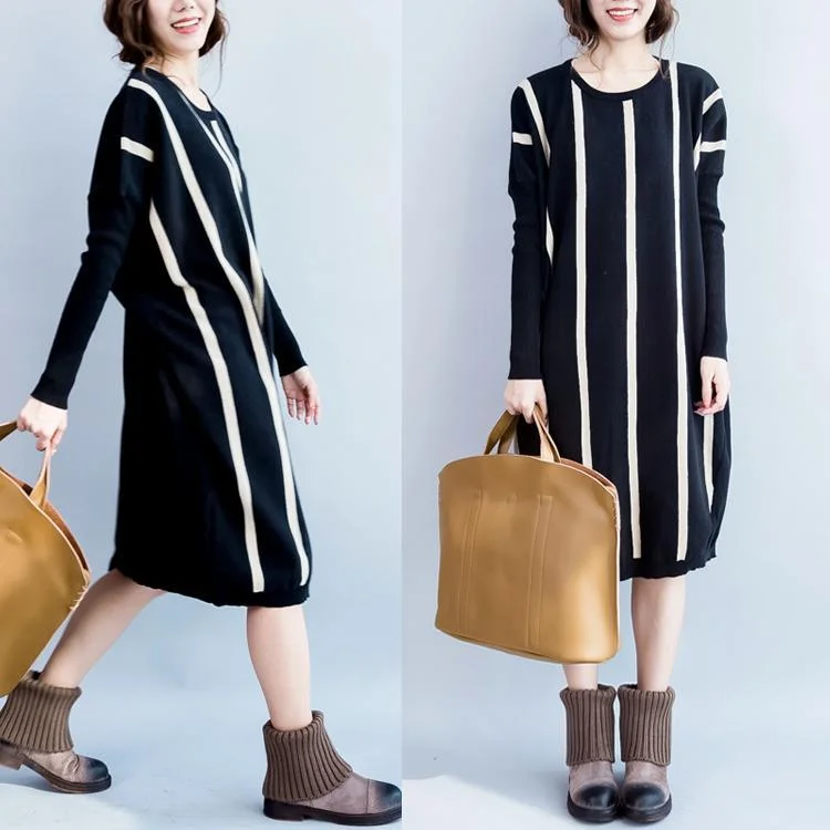 Black striped cotton sweater dress baggy knit dresses oversize witner dress