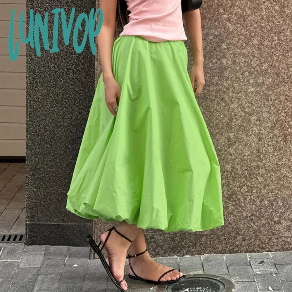 Lunivop Casual Elastic High Waist Flowy A-line Long Skirt Y2K Women Bubble Maxi Skirt Vintage Ruffle Balloon Skirt Summer High Street