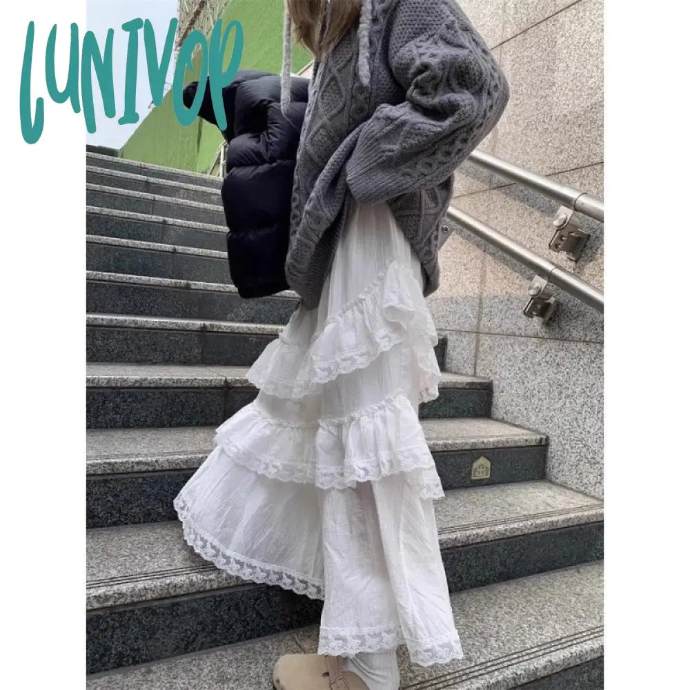 Lunivop hipster dress to impress Sweet White Lace Stitching Skirt for Women Spring New Fashion Niche Chic Long Skirt