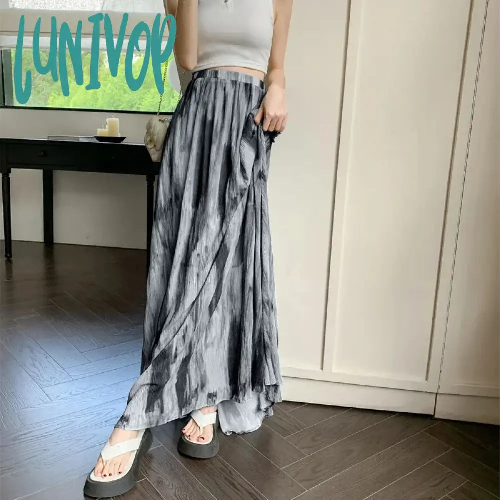 Lunivop Vintage Tie Dye Long Skirt Women Harajuku Tulle Print Maxi Skirts Summer Vacation Korean High Waist Mesh A Line Skirt New