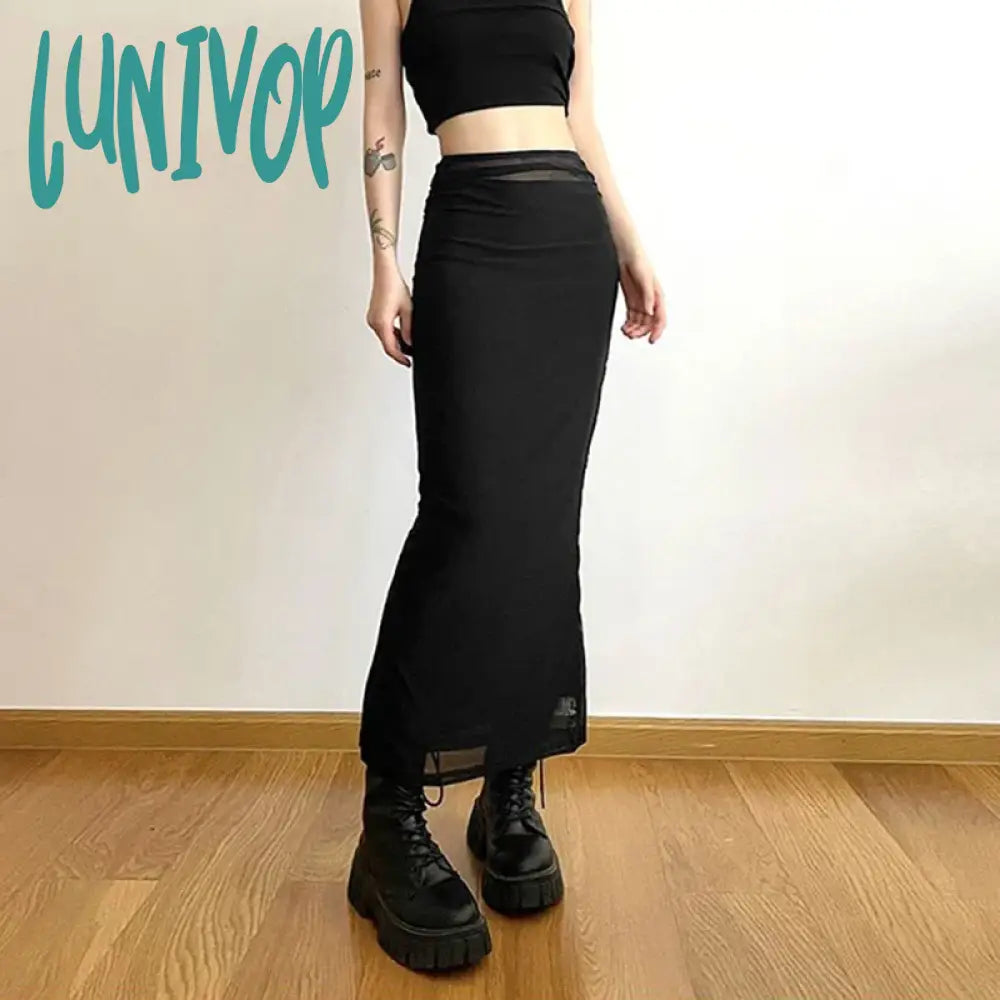 Lunivop Y2K Black Long Skirts Women Harajuku Sexy Mesh Patchwork Wrap Skirt Summer Gothic Korean High Waist Slim A Line Faldas New