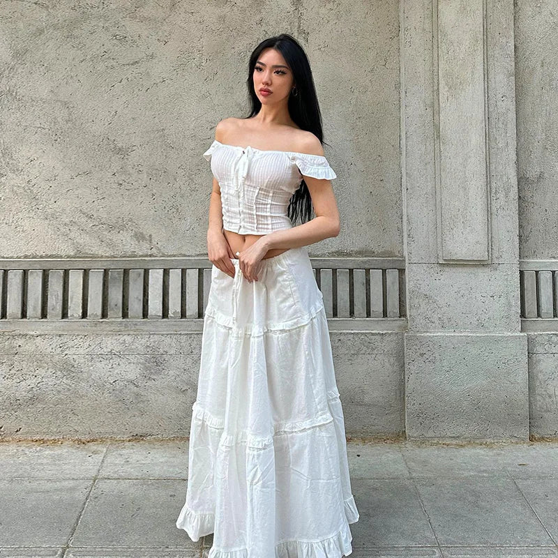 Lunivop Y2K Off The Shoulder Ruched Crop Top Long Skirt Women'S Sets Summer Casual Elegant Ladies 2024 Korean Popular Clothes