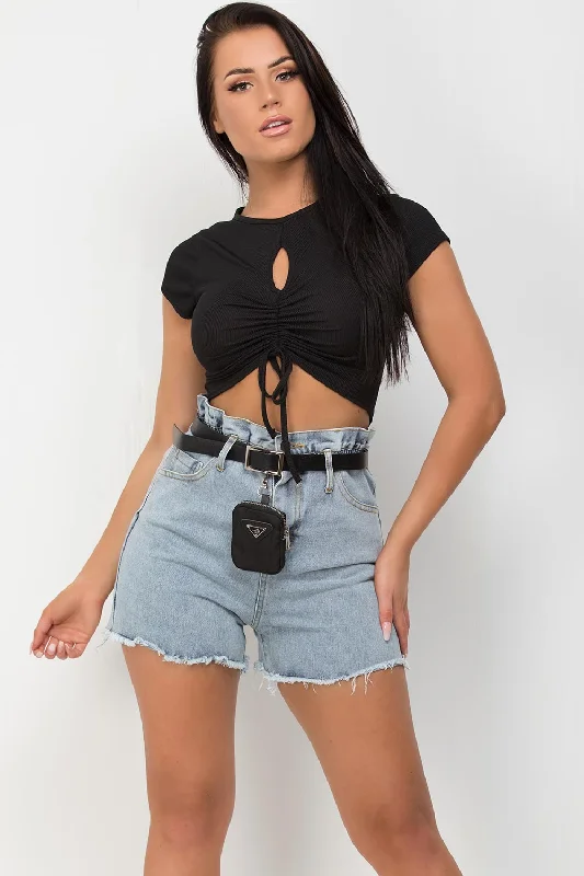 Paper Bag Denim Shorts With Belt