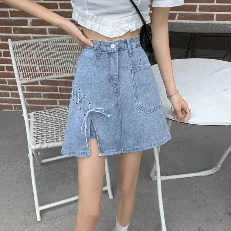 Women's Harajuku High-waisted Lacing-up A-line Denim Skirt