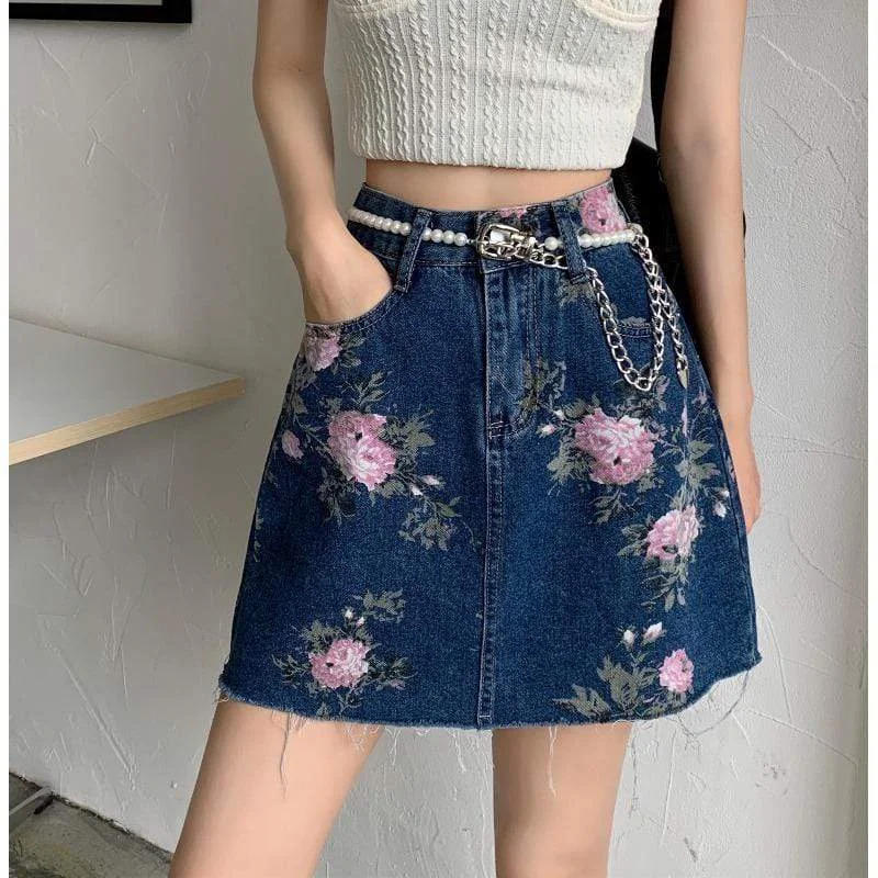 Women's Kawaii Floral Printed Denim Skirt with Pearl Belt