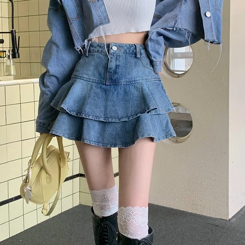 Women's Korean Fashion Double Layer Falbala Denim Skirt