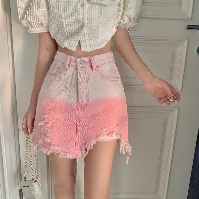 Women's Korean Fashion High-waisted Gradient Ripped Denim Skirt