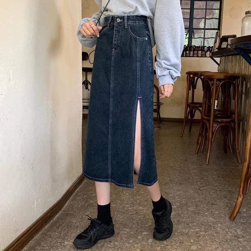 Women's Korean Fashion Side Vent Of Denim Skirts