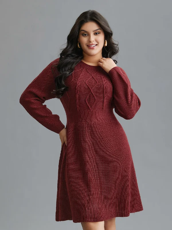 Cable Knit Raglan Sleeve Midi Sweater Dress