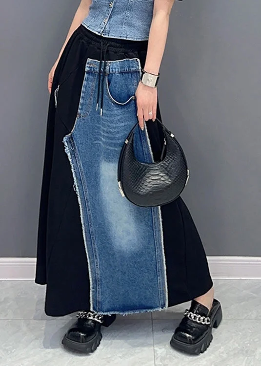 Casual Black Patchwork Blue Elastic Waist Denim Skirt