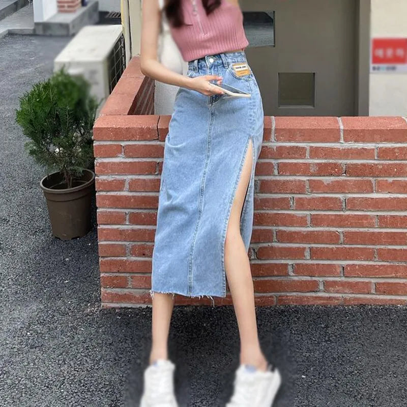 Znbbw Skirts Women A-line Solid Slim Side Slit Long High Waist Denim Skirt Wrap Hip Streetwear