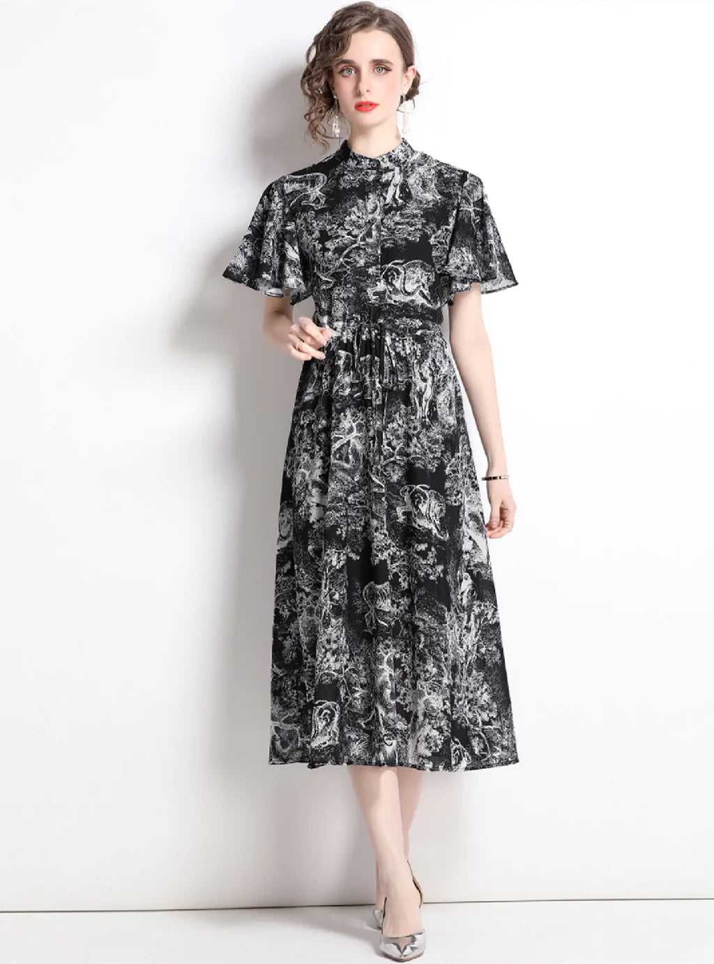 PRINTED SHIRT LAPEL SHORT SLEEVE SLIM DRESS