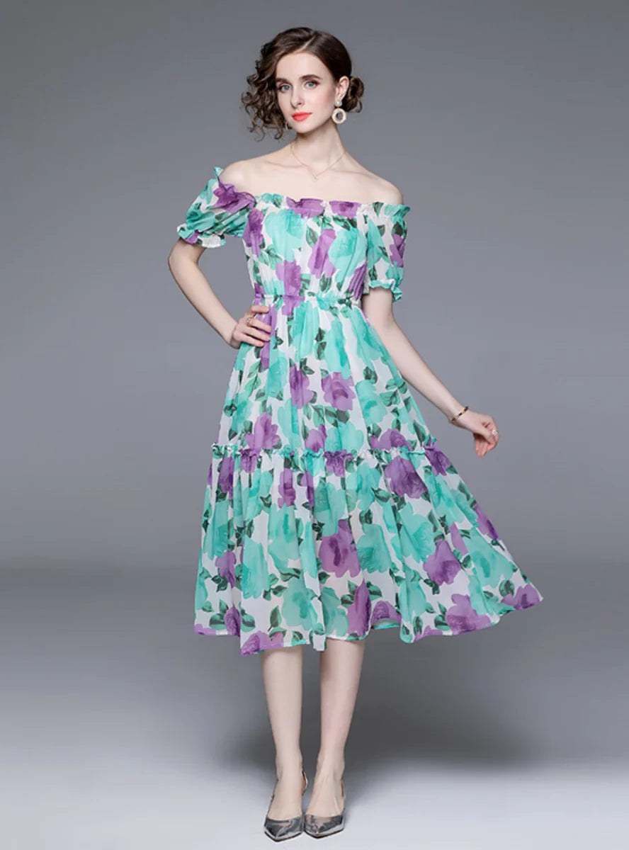 ANTERN SLEEVE BUBBLE SLEEVE FLORAL DRESS