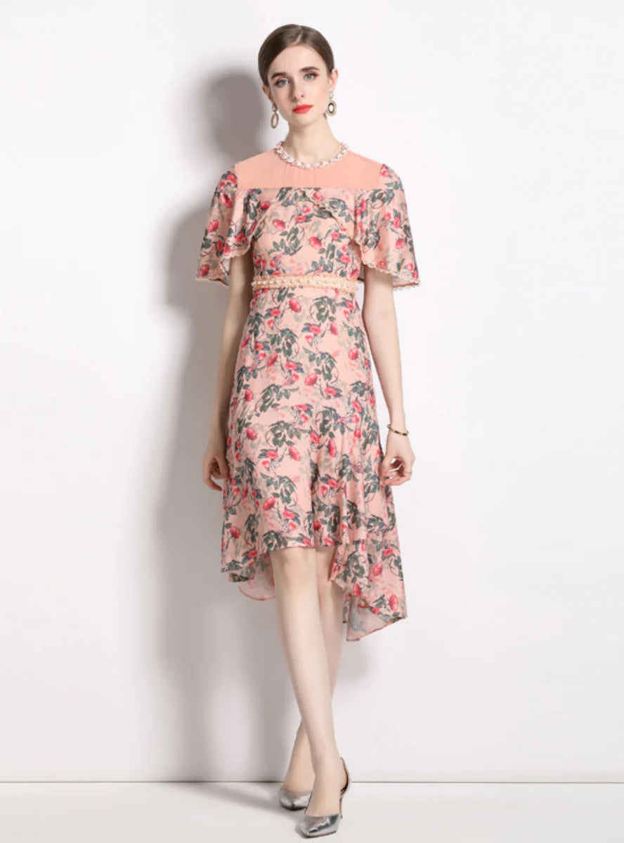 CHIFFON CLOAK PEARLS FLORAL DRESS